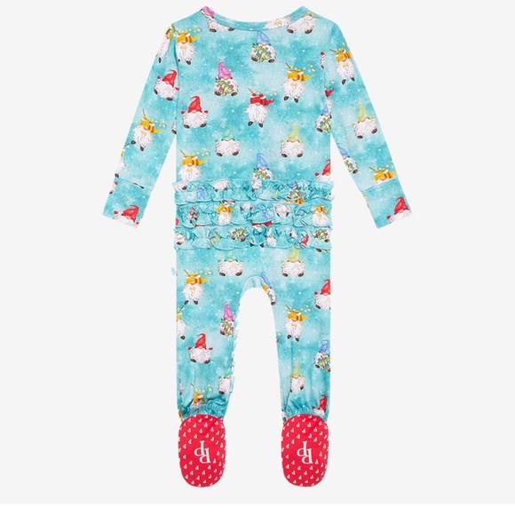 Posh Peanut Gnome Print Holiday Festive Bamboo Teal Unisex Ruffle Footie 0-3 - Picture 4 of 6
